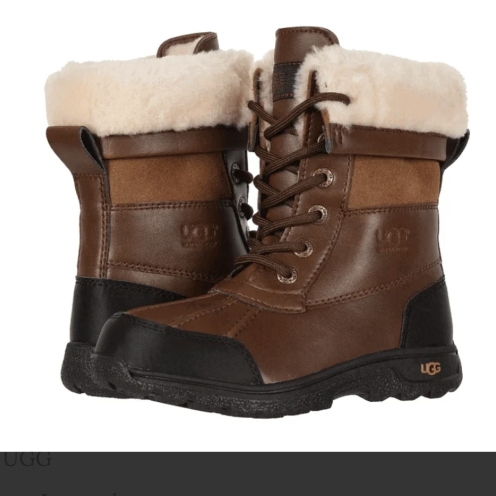 Kids UGG Tan and Black Boots with Cream Fur